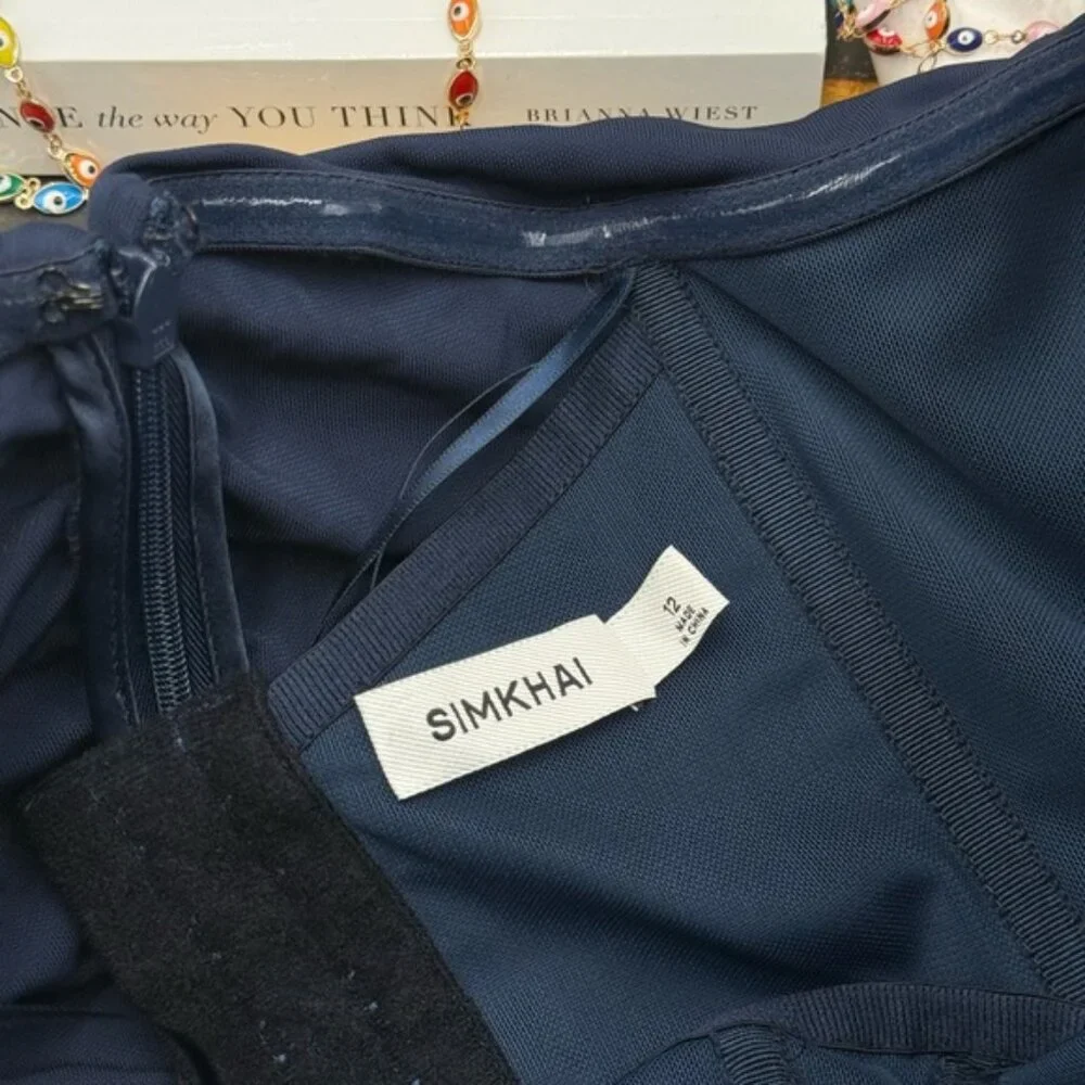 🆕 SIMKHAI 🧿 NWOT Emma Draped Jersey Bustier Midi Dress, Midnight Blue Sz US 12 - Picture 12 of 13